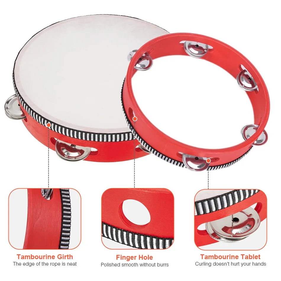 Description Picture 6 of item4/6/8/10 Inch Manual Orff Percussion Tambourine Dancing Props High Quality Wood Melodious Plink Hand Clamping Drum For Children