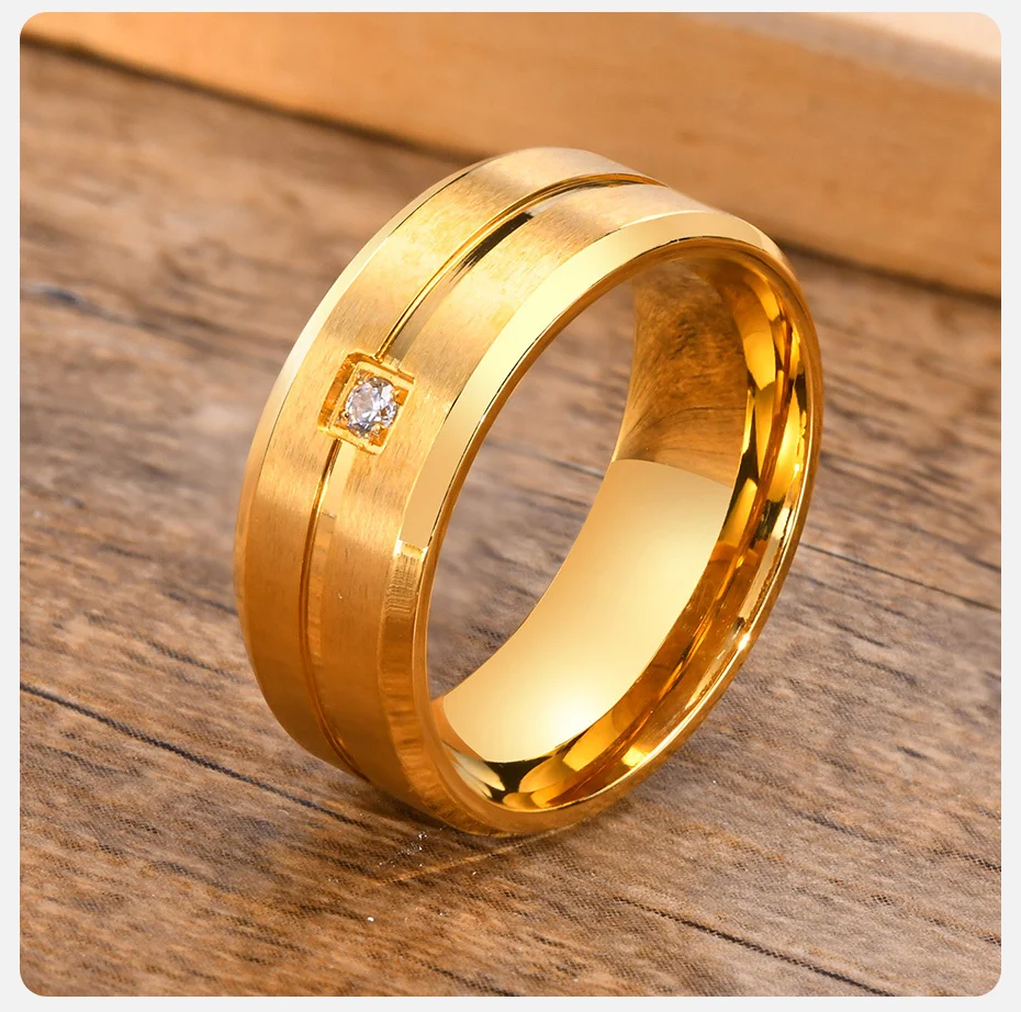 Vnox 8mm Männer Wedding Band, AAA CZ Stein Solitaire Ring, matte Edelstahl Rillen Linie Ring, Einfache Casual Bräutigam Ring – Detail 9