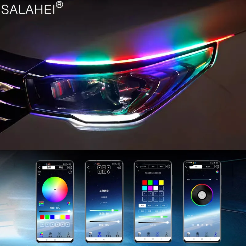 심포니 DRL 자동차 LED 주간 주행등 앱 제어, 유연한 RGB 흐르는 방향 지시등 스트립, 헤드라이트 장식 램프, 12V, 24V, 2 개