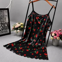 Nuisette en satin imprimé cerises sexy pour femme, mini-robe d'été à fines bretelles, vêtement de nuit doux, lingerie, robe de chambre, tenue décontractée 1