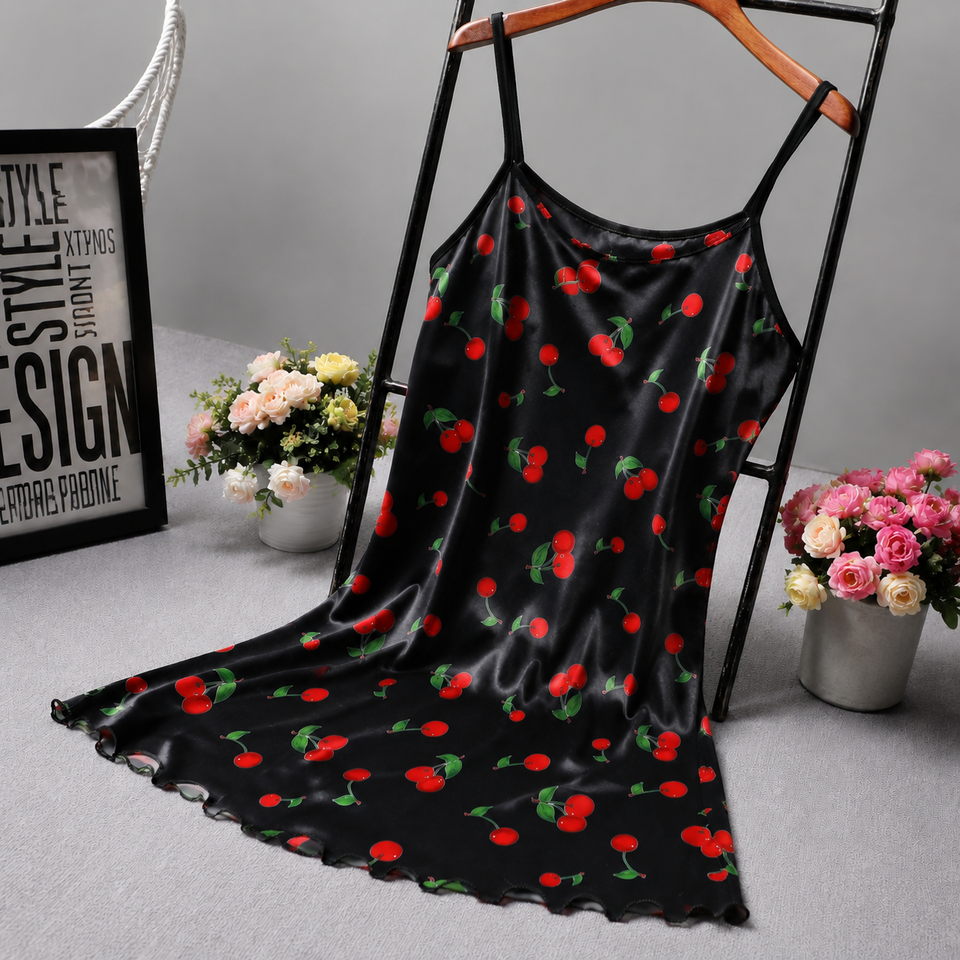 Sexy Cherry Print Satin Nightie Women Summer Spaghetti Strap Mini Dress Soft Sleepwear Lingerie Gown Loungewear Robe Nightgown