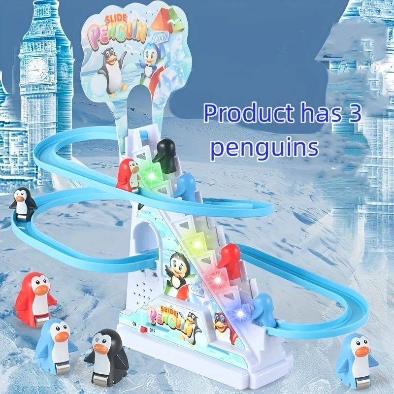 Penguin Race Set Penguin Slide Playset LED Flashing Lights Racing Track Game Set Penguin Stair Climbing Toys Kids Holiday Gift 3