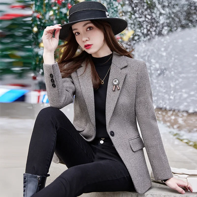 High quality blazer for women plaid jacket wool blend single breasted spring 2024 elegant fashion clothes - grey brown