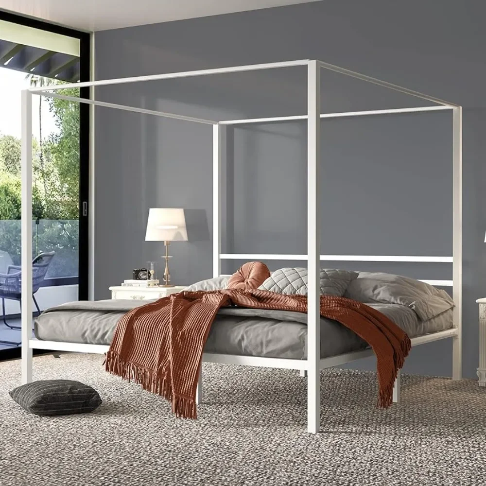 

Мебель для спальни, металлическая четырехстоечная кровать с навесом, 14-дюймовая платформа, без пружин, белая, двуспальная кровать