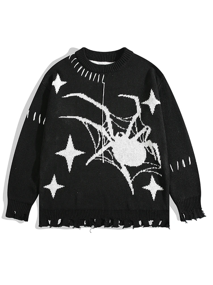

Женский свитер 2023, уличная одежда, пушистый вязаный свитер в стиле хип-хоп с рисунком паука и звезд, хлопковый мягкий черный свитер Y2K
