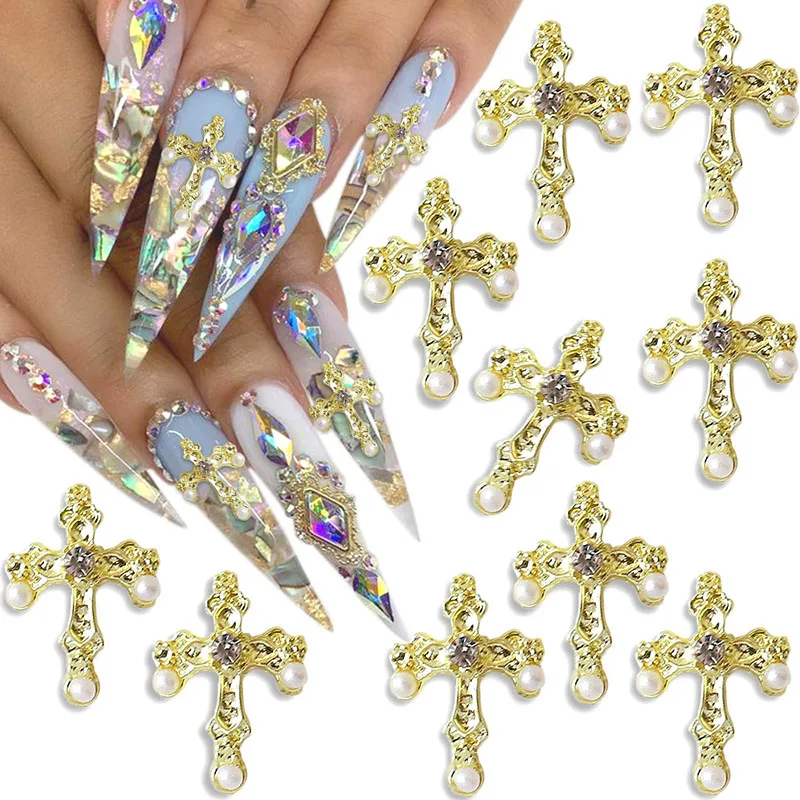 5pcs 3D Retro Punk Cross Nail Charm Pearl Alloy Cross Nail Charms for Acrylic Nails Metal Nail