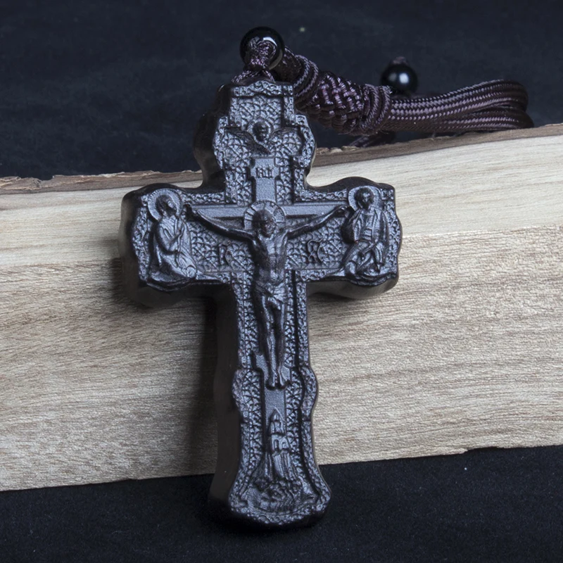 

Natural ebony wood Mens Cross Necklaces,Wood Wooden carving Catholicism Cross Pendant Chain, Christian Religious Jesus Pendant