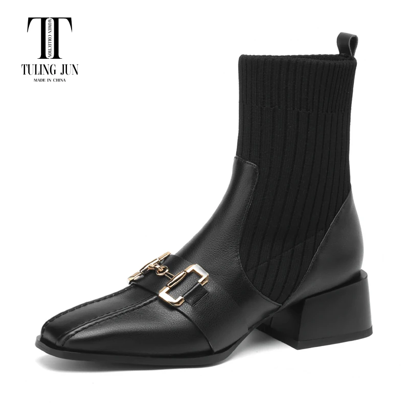 

TULING JUN 2023 Winter Concise Famale Square Toe Solid Color Ankle Boots Med Heels Two Diffent Lining Shoes For Women T-DY385