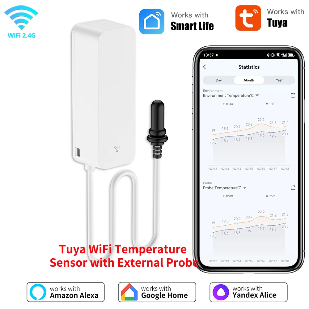 WiFi ภายนอก Probe อุณหภูมิและความชื้นเซนเซอร์ APP รีโมท Smart Home Monitor ทํางานร่วมกับ Alexa Google Home Tuya Smart Life 1