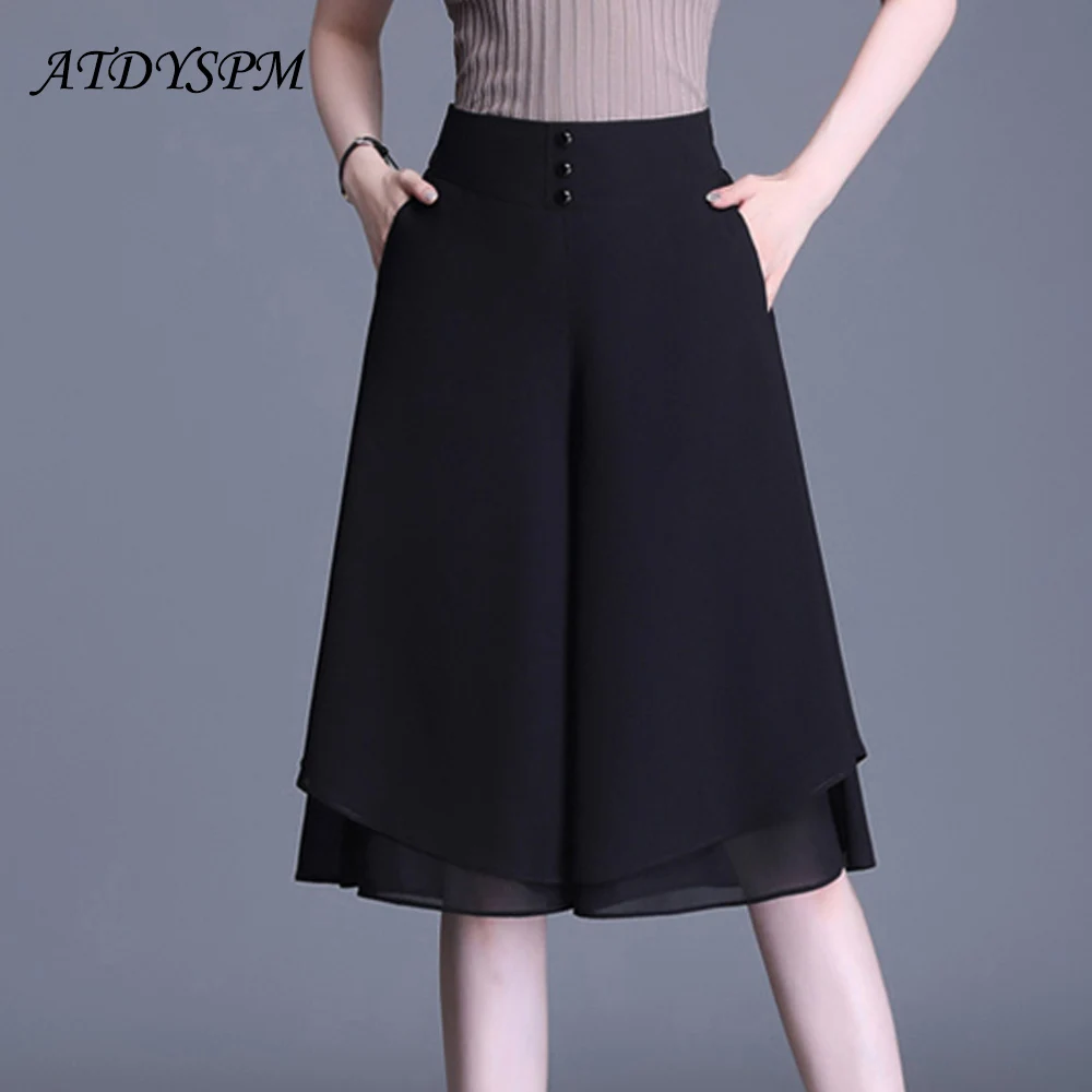 

Summer Chiffon Pants For Women Thin And Comfortable Elastic Waist Five-Points Wide Leg Pants Capris Female Casual Skirt Pants