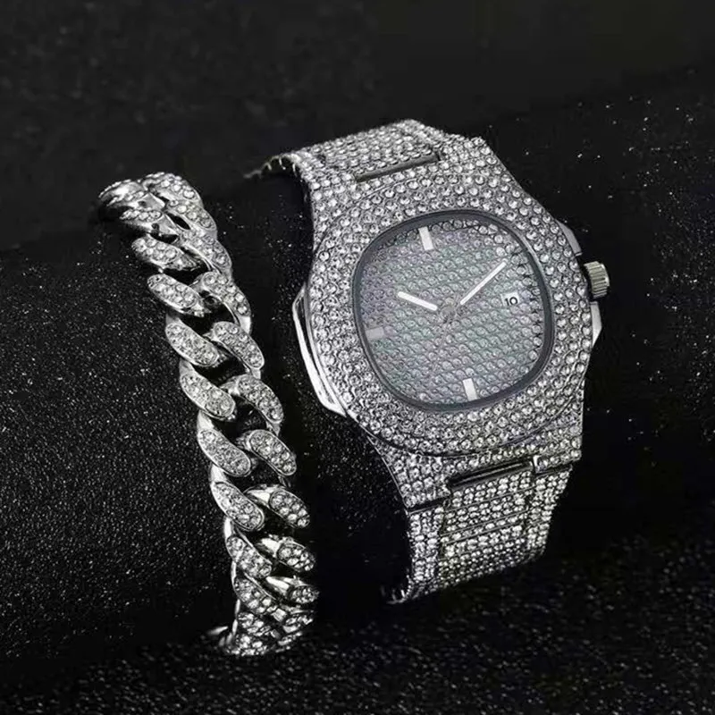 2PCS Iced Out Cuban Chain Bracelet Watch for Men Iced Out Watches Jewelry Set Mens Hip Hop Gold Diamond Mens Watch Reloj Hombre