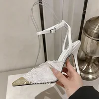 Nouvelles sandales à talons hauts pour femmes, sexy, à blocs de couleur, en dentelle, à bout pointu, sandales d'été, chaussures de soirée, escarpins 3