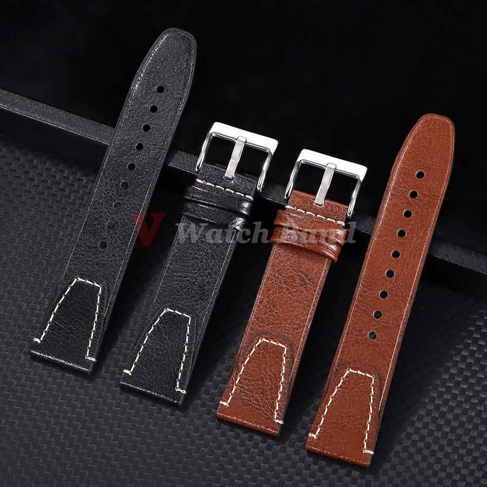 Vintage Brown Oil Wax Leather Watchband with Stitching Details