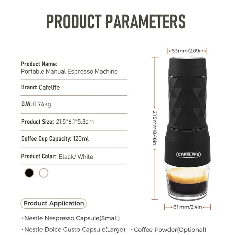 Cafelffe 3 In1 Portable Coffee Machine Hot/Cold Water Manual Espresso Maker For Capsule & Ground Hand Press Brewer hiking Travel
