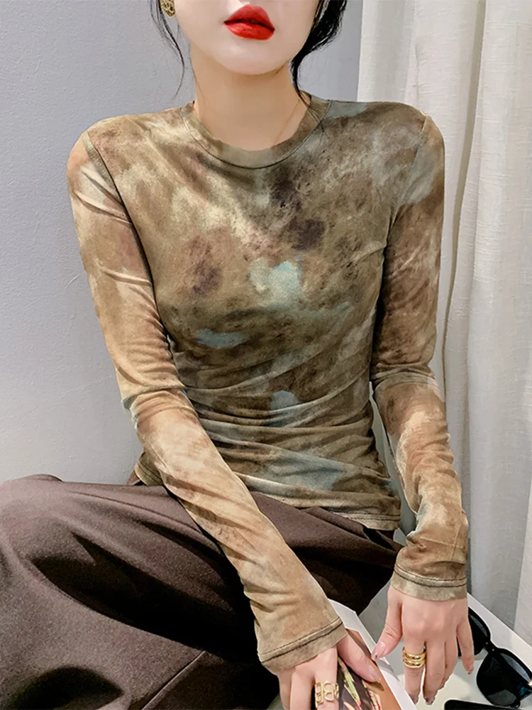 

Winsleter Streetwear Tshirt Long Sleeve Elastic Tees Women Sexy O Neck Tiedie Print Slim Mesh Tops Autumn Winter T39287JM