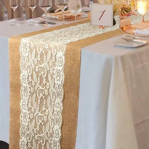 

Hessian Lace Table Runner Cloth Wedding Decoration Christmas Decor Burlap Ribbon Rectangular 108 x 28cm AA7913