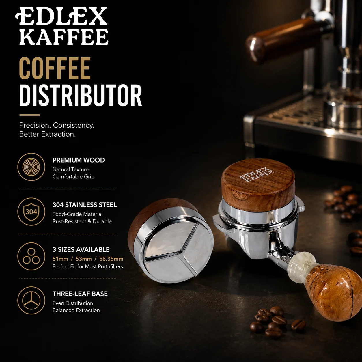 51/53.3/58.5mm Walnut Coffee Distributor Stainless Steel Three Angled Slope Adjustable Height Coffee Leveler Espresso Tamper 1