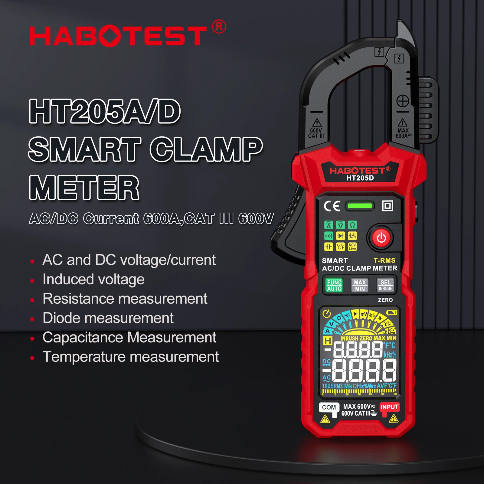 Habotest Ht205 Pinza Amperometrica 600A True Rms Ac/Dc Corrente Amp Meter Misura Tensione Di Corrente Temperatura Capacità Ohm Tester