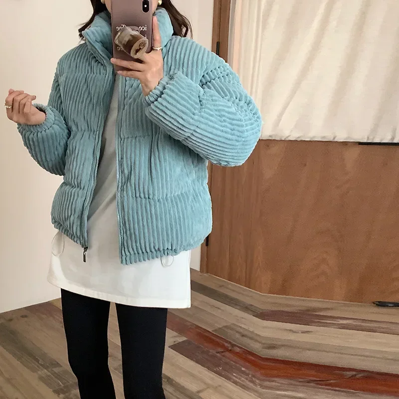 2024 Winter New Style Stand up Collar Short Corduroy Down Padded Jacket Student Loose Small Padded