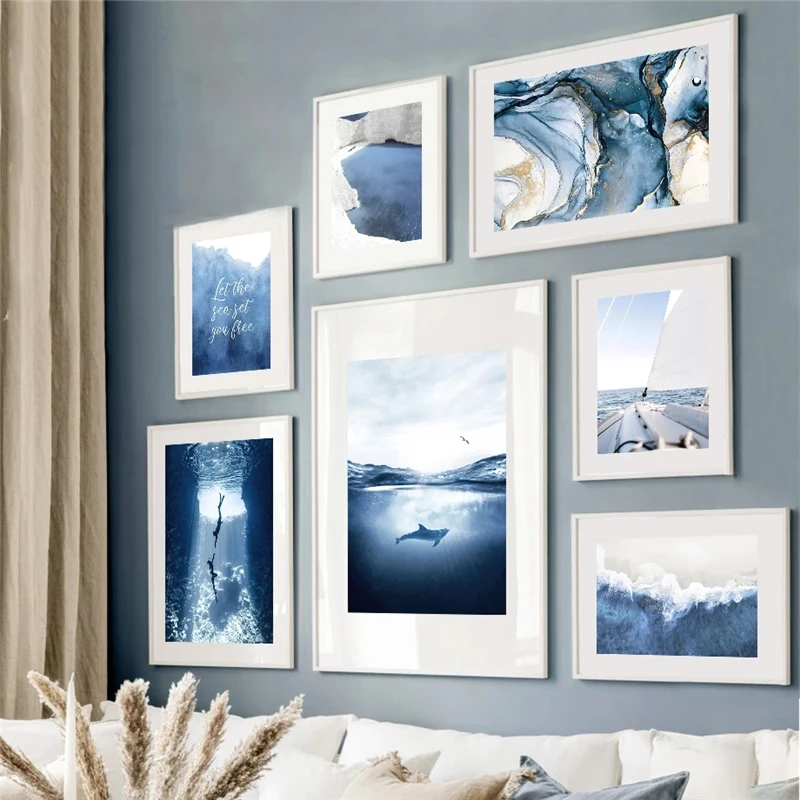 Blu Scuro Vista Mare Wall Art Canvas Painting Ocean Print Nordic Wall Painting Room Decoration Canvas Frameless