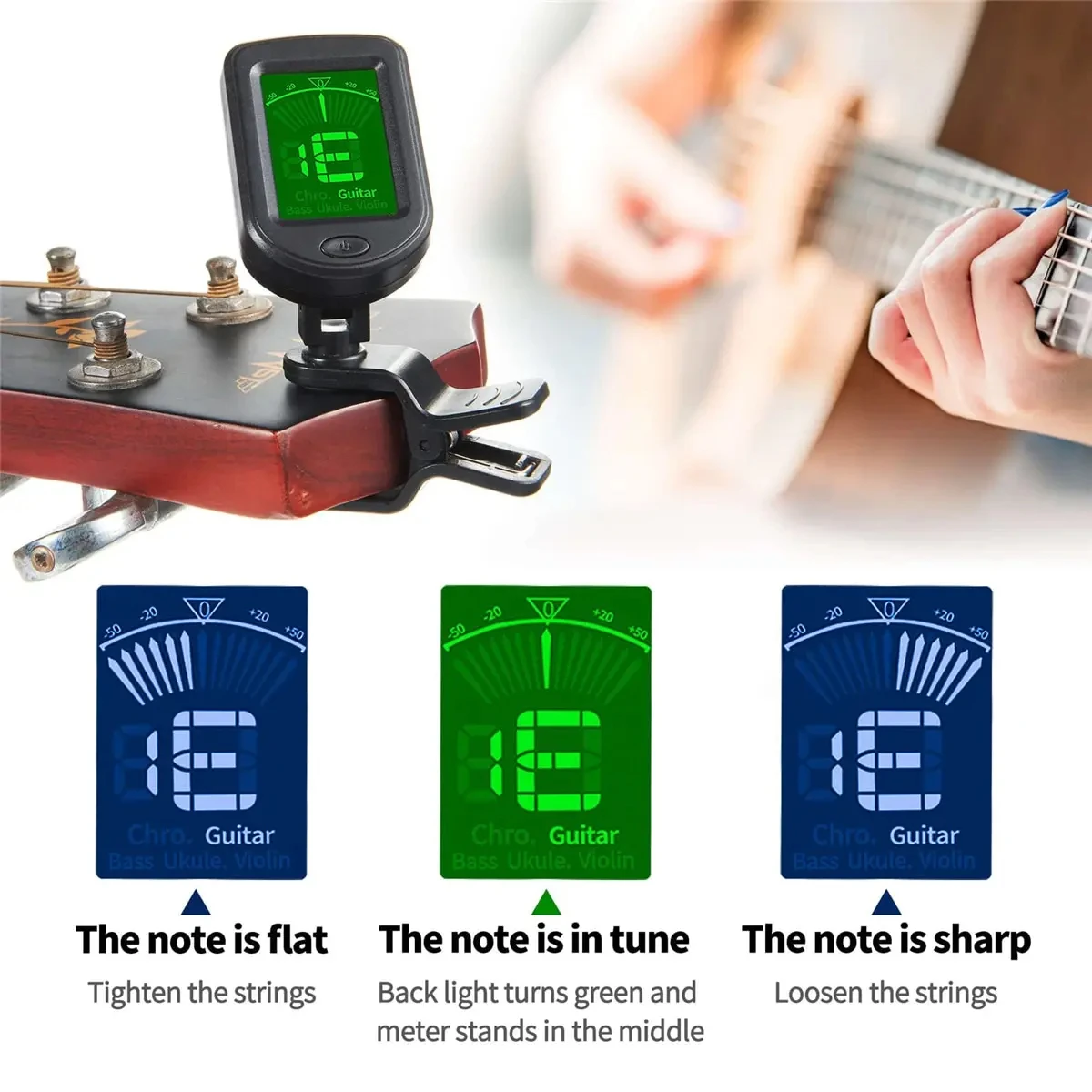 Clip-On Electronic Tuner for Guitar Bass Ukulele Violin Mandolin Banjo