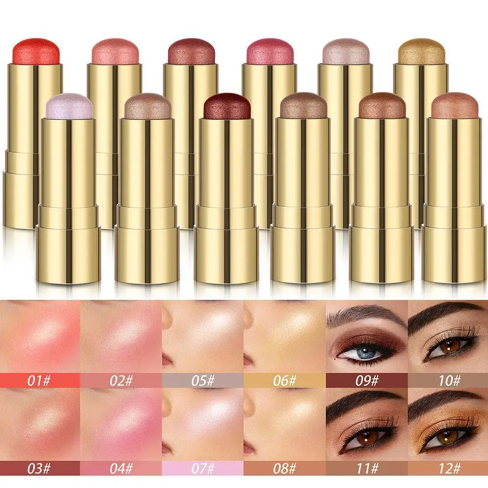 

New 12 Color Multi-function High-gloss Blush Stick Cream Brightening Eye Trim Stick Blusher Shadow Makeup Stick Waterproof N1R2