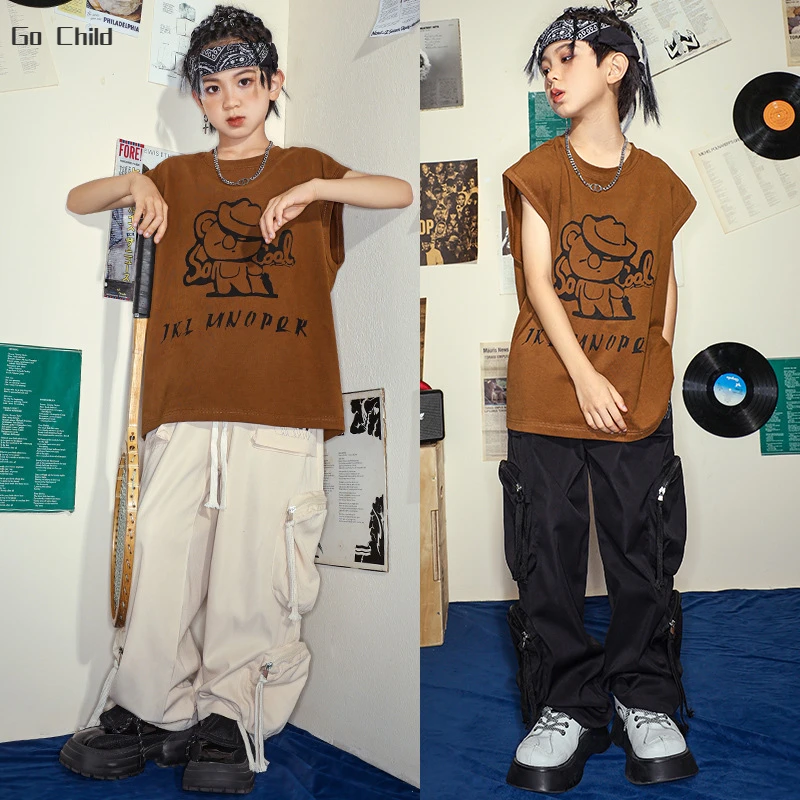 

Boys Cartoons Tank Top Street Dance Cargo Pants Girls Hip Hop T-shirt Joggers Children Streetwear Clothes Set Kids Jazz Costumes