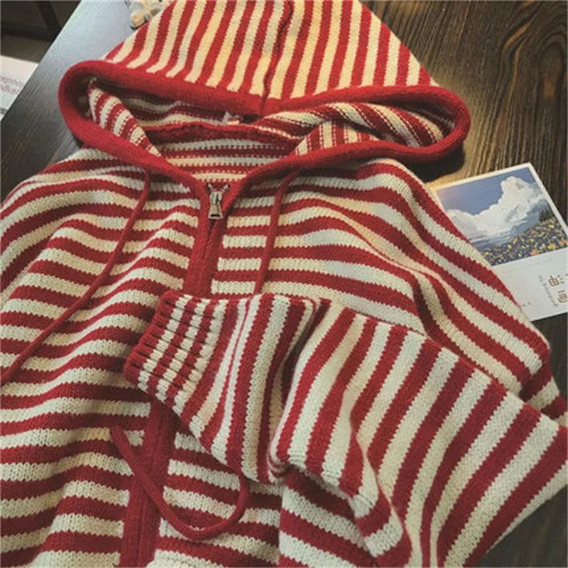 

Contrast Color Striped Hooded Cardigan Sweater Spring Autumn New Loose Long-sleeved KnittedSweaters Coats Women's Clothing bd269