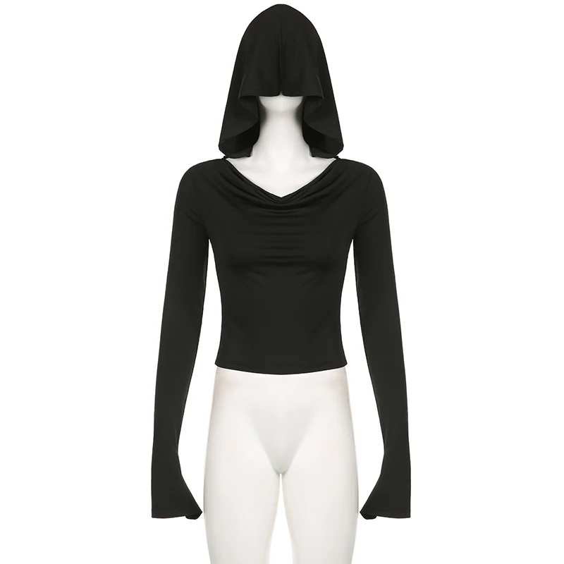 Basic Slim Fit Hooded Crop Top Elastic Long Sleeve Women Black Casual T-shirt Casual Swinging Collar Hoodies Pullover