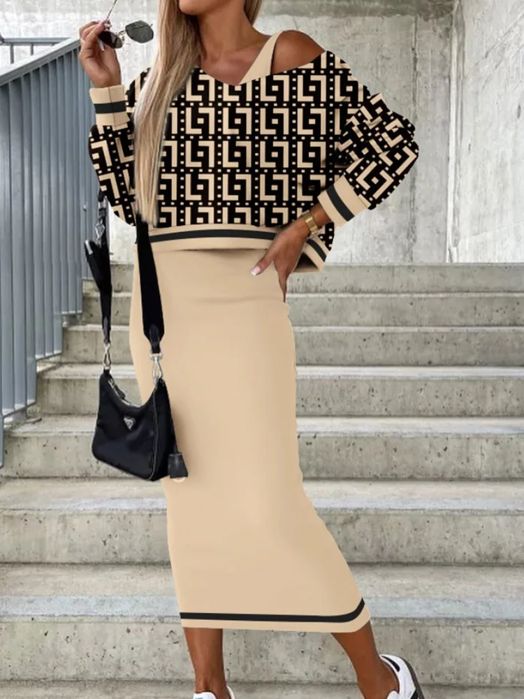 

Autumn Winter Print Mid-Calf Dress Matching Suit Women Slim Fit Dress Two Piece Set Blouse And Dress Casual Street Wear Outfits
