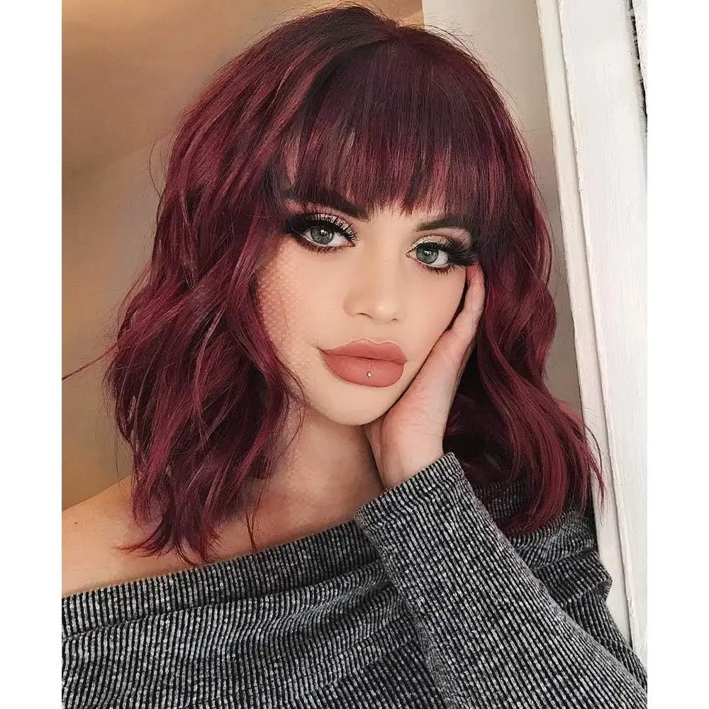 Curly Bob Wig with Bangs for Women, Short Wavy Wigs, Wine Red Color, Synthetic Style, Heat Resistant