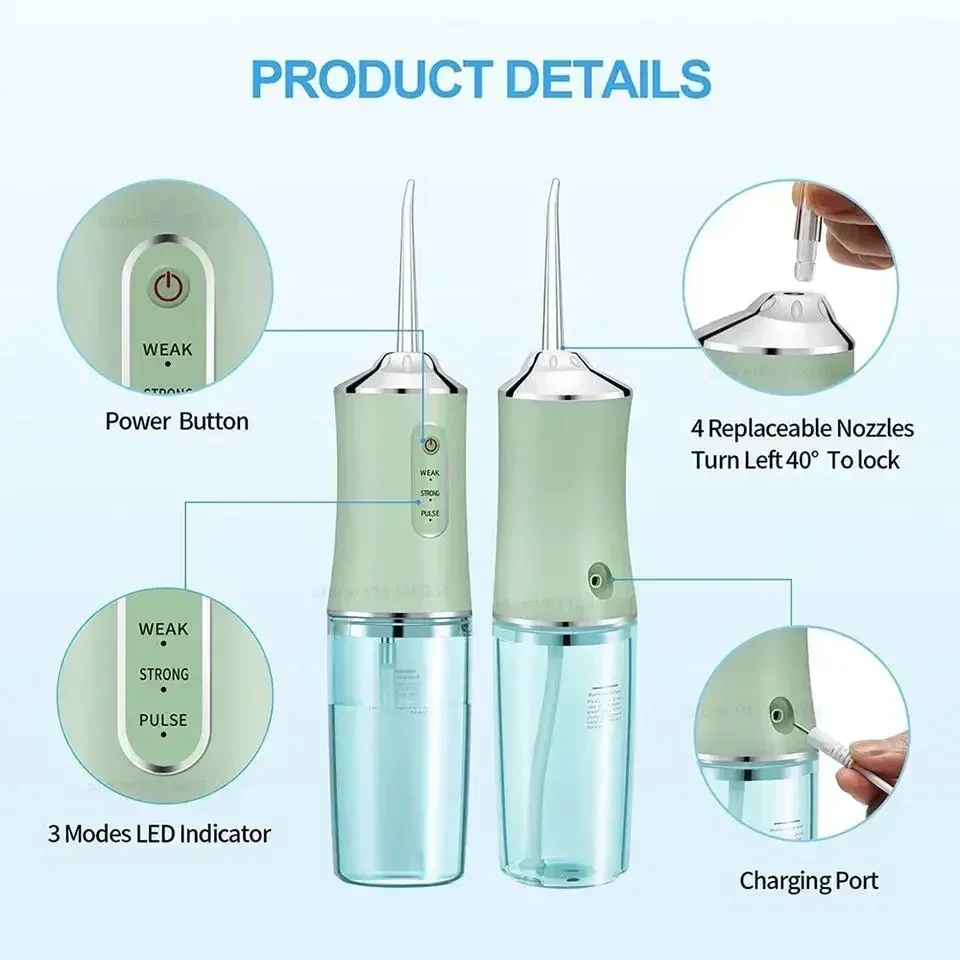 Oral Irrigator Portable Dental Water Flosser USB Rechargeable 4 Jet Tip 220ml 3 Modes Teeth Cleaner