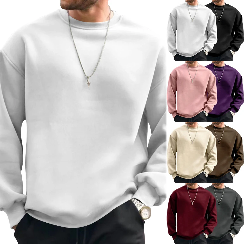 

2024 Men's Autumn and Winter Solid Color Sweater Long Sleeve Solid Round Neck Pullover Clothing Loose Fitting Relaxed Sweater