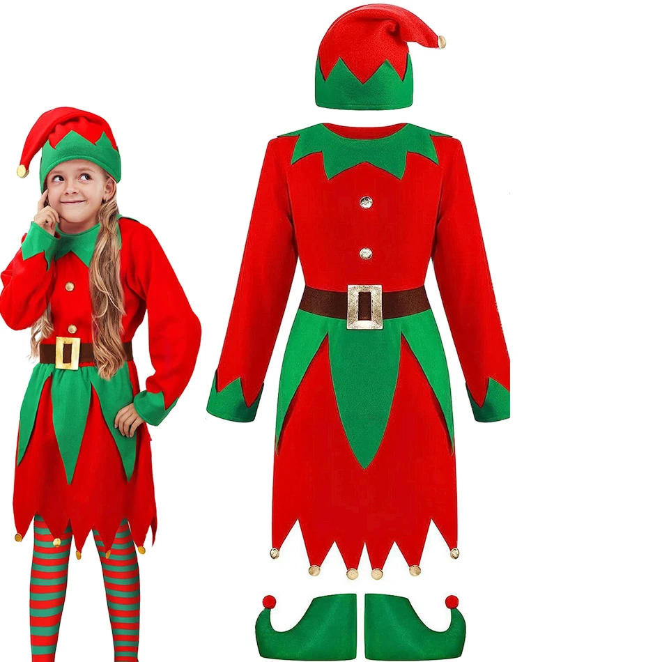 

Christmas Elf Suit Set Kid Girl Long Sleeve Party New Year Costume Cotton Red Wizard Clothes Cosplay Purim Clothes