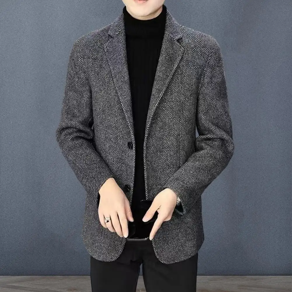Men Suit Coat Lapel Long Sleeve Two Buttons Business Jacket Slim Fit Solid Color Autumn Winter Woolen Outerwear