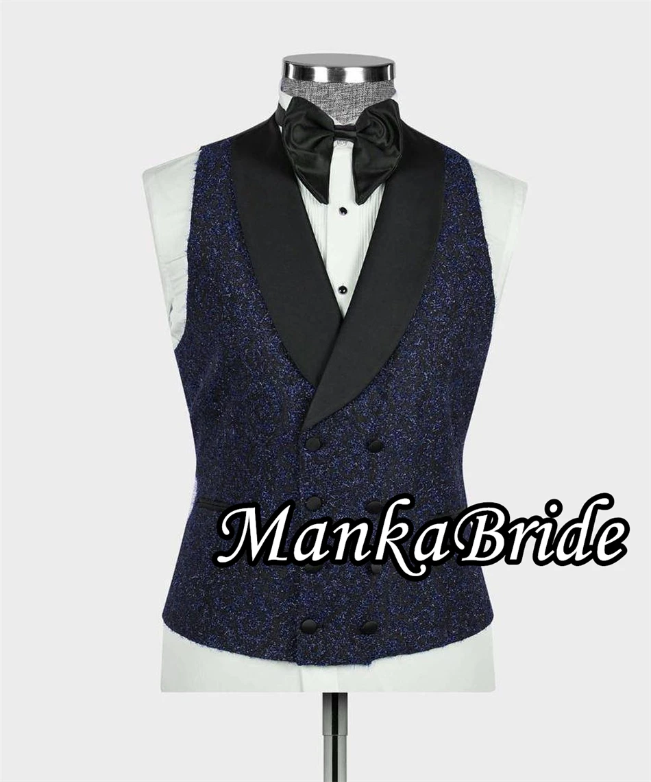 Glitter Navy Blue Men's Suit for Wedding Groom Tuxedo 2 Vents Blazer Vest Pants Special Occasion Party Male Jacket Suits Set