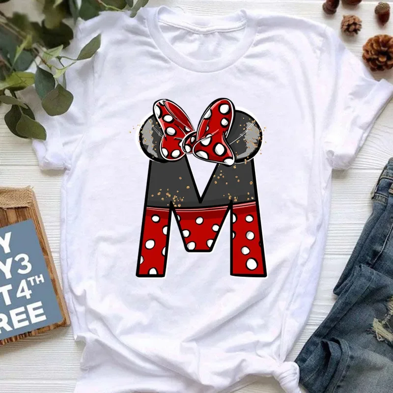 thumbnail image 1 of Ropa de verano de manga corta de Disney para niños, camisetas de algodón con estampado de letras de Minnie Mouse, camisetas de la AZ para niños, camisetas Y2k para niños y niñas, 1 of 5