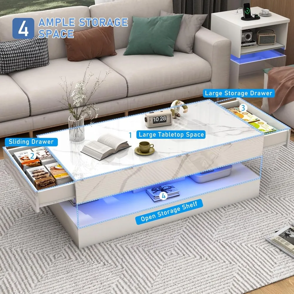 47.2 Large High-Glossy LED Coffee Table with 2 Sliding Drawers, Living Room Storage Coffee Tables with Marbling Print