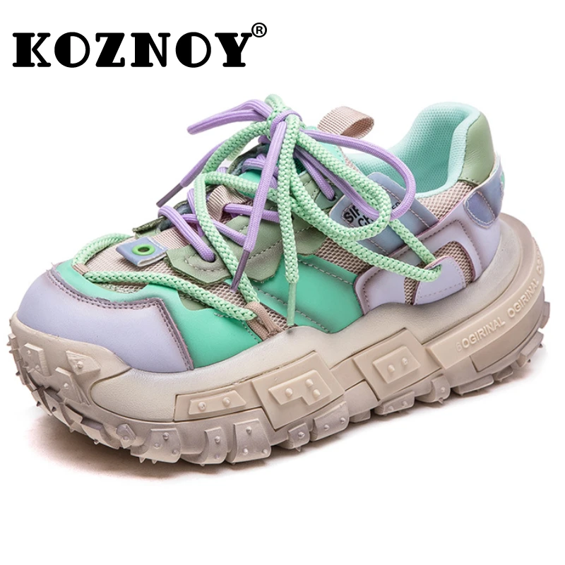 

Koznoy 5cm Air Mesh Cow Suede Genuine Leather Vulcanize Pils Mules Luxury Platform Wedge Summer Chunky Sneaker Women Boots Shoes