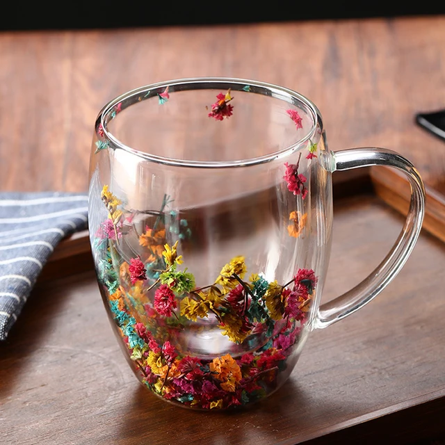 YWDL-Tasse en verre à double paroi sans poignée avec fleurs sèches