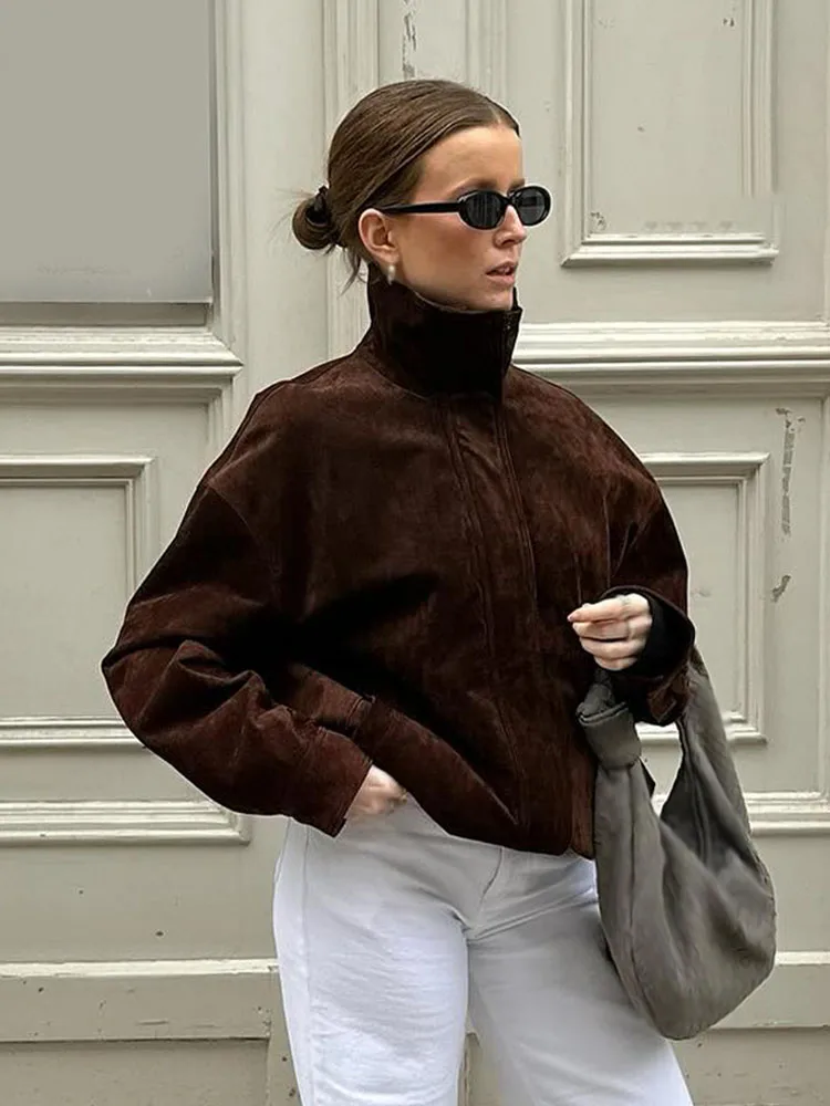 HH Women Fashion Loose Street Style Casual Coats Woman Autumn High Collar Zipper Pocket Design Long Sleeves Short Jackets