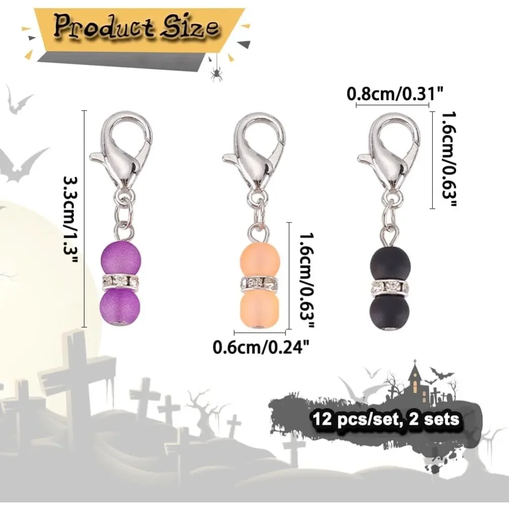 24 Pcs Halloween Theme Stitch Markers Glass Beaded Gourd Charms Removable Lobster Claw Clasp Locking Stitch Marker for Knitting