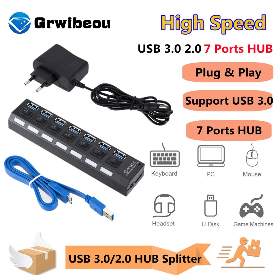 Multi Usb Hub Splitter com Várias Portas Usb 3.0 Hub Adaptador de Energia Extensão Acessórios de Computador Switch para Casa