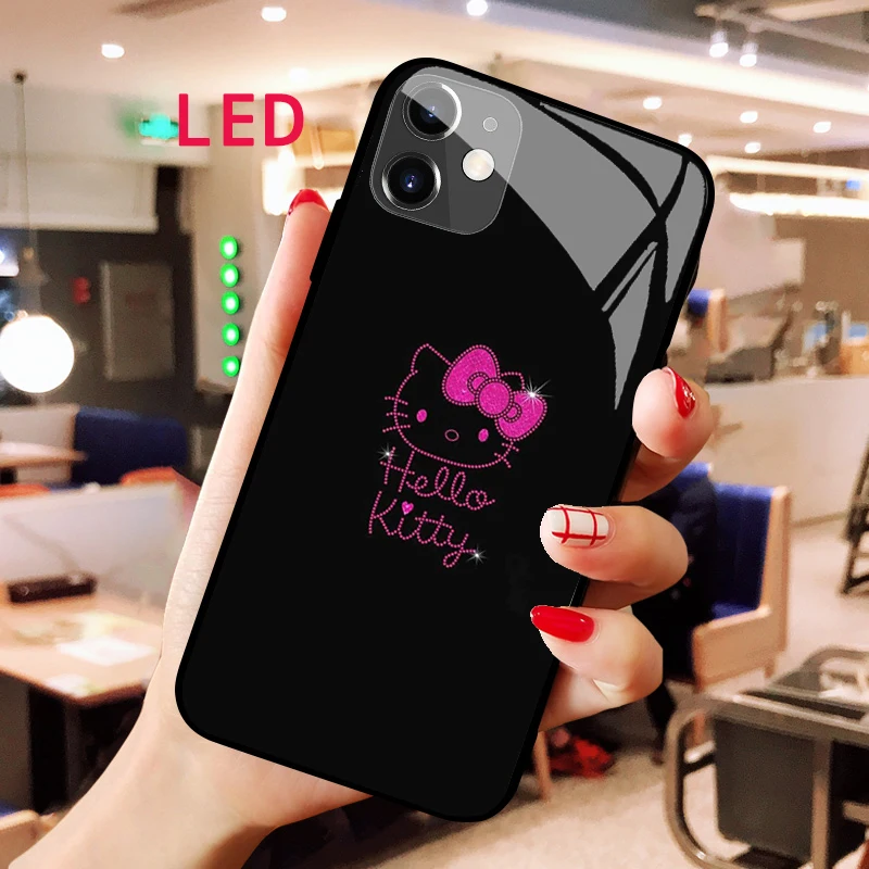 

Светящийся чехол Hello Kitty из закаленного стекла для Apple iphone 12 11 Pro Max XS mini, защитный чехол с акустическим управлением и подсветкой