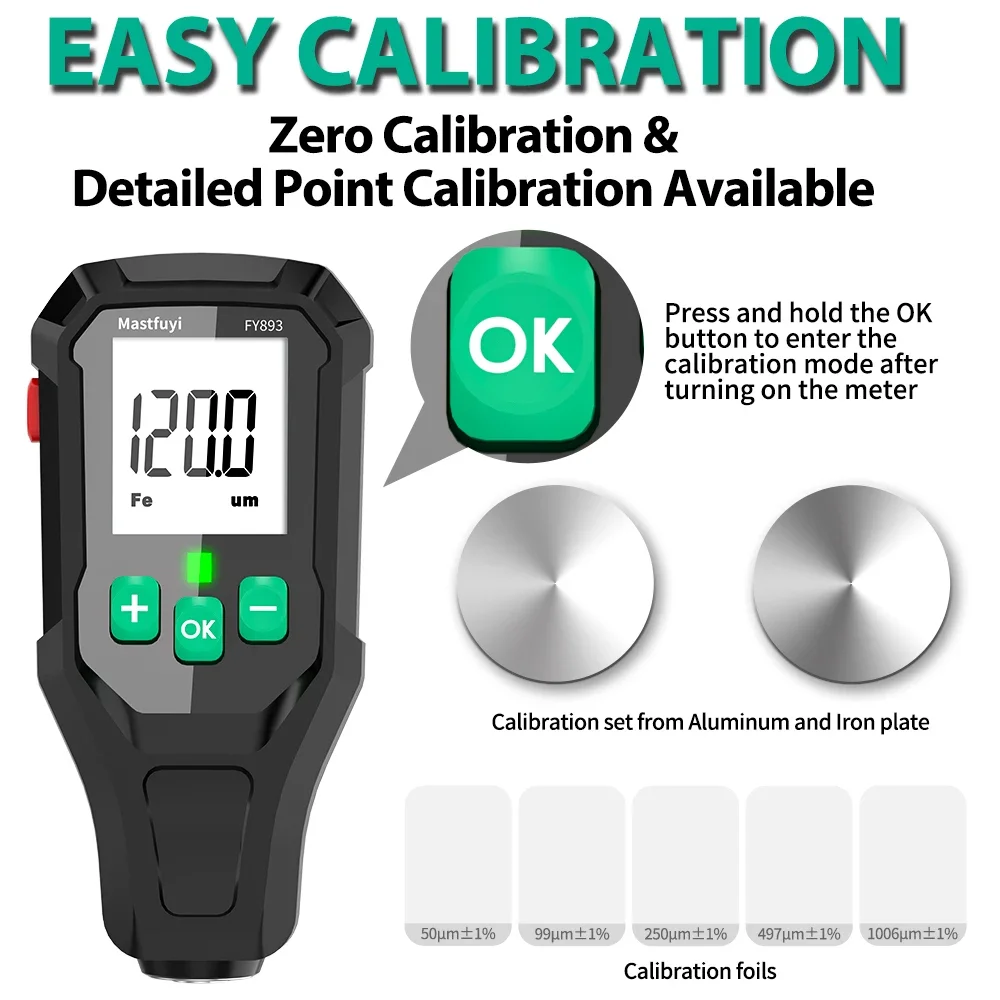 MASTFUYI FY893 Coating Thickness Gauge Digital Thickness Meter Car Paint Surface Tester 0-1350UM Car Paint Film Tester