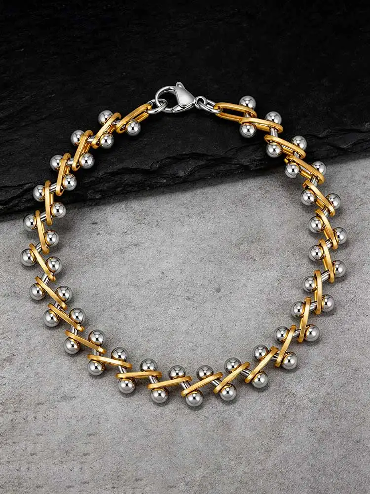 Beaded Bracelet for Women, Gold Silver Two Tone Stackable Minimalist Jewelry, Trendy Layered Bracelet Holiday Party Accessories - 5