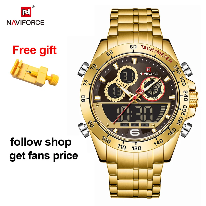NAVIFORCE Luxury Gold Watch For Men Digital Sport Chronograph Clock Quartz Wristwatch Male Military Steel Band Waterproof Watch Sadoun.com
