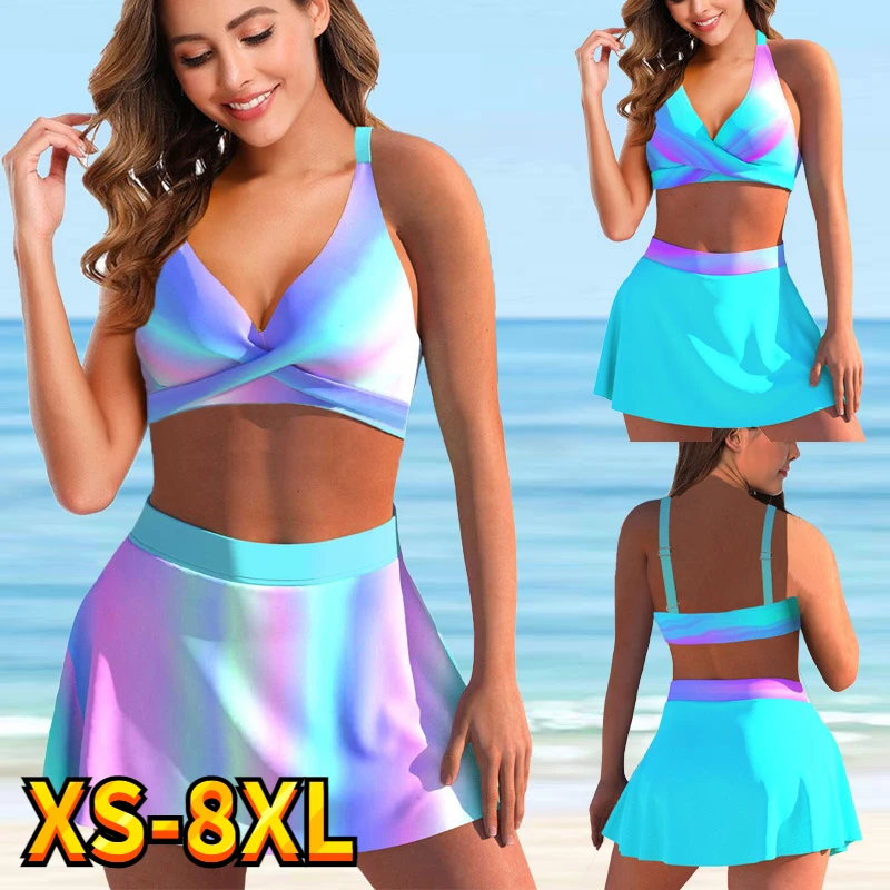 

New 2022 Women Sexy Three Piece Bikini Swimdress Set Female Summer Swimsuit Set Lady Large Size Tankini Monokini Set Beach Wear