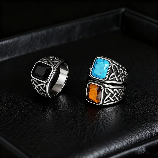 92783-68381a.png Bagues ethniques Vintage à nœud Viking pour hommes, chevalière carrée en pierre naturelle en acier inoxydable, bijoux Punk à la mode