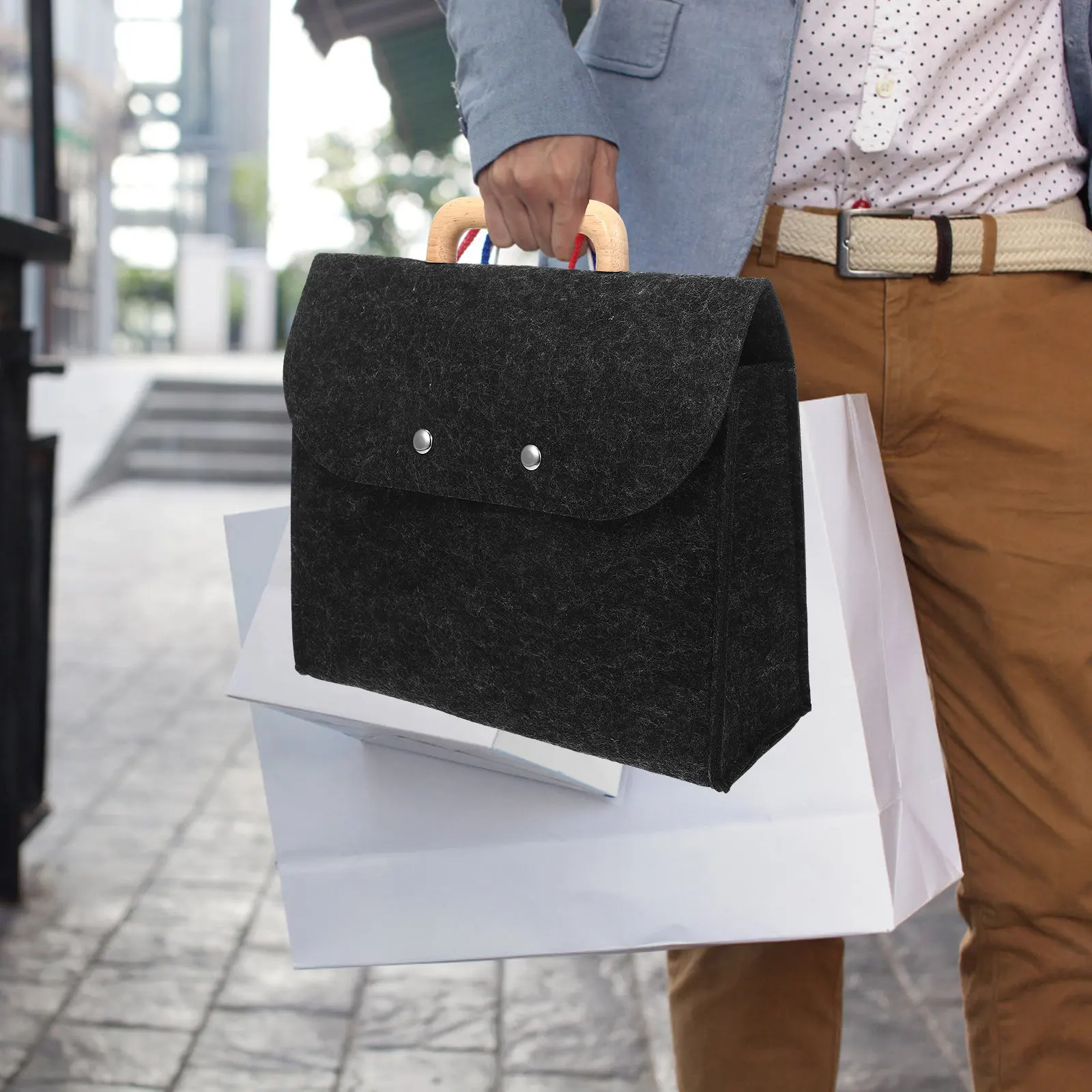 비즈니스 토트백 펠트 파우치 나무 손잡이 대용량 미니멀리스트 오피스 파일 정리함 휴대용 수납 케이스 문서 홀더